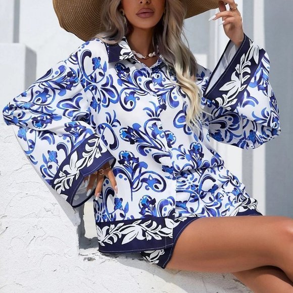 Blue Preppy Womens Floral Print Drop Shoulder Shirt & Shorts - Picture 5 of 5